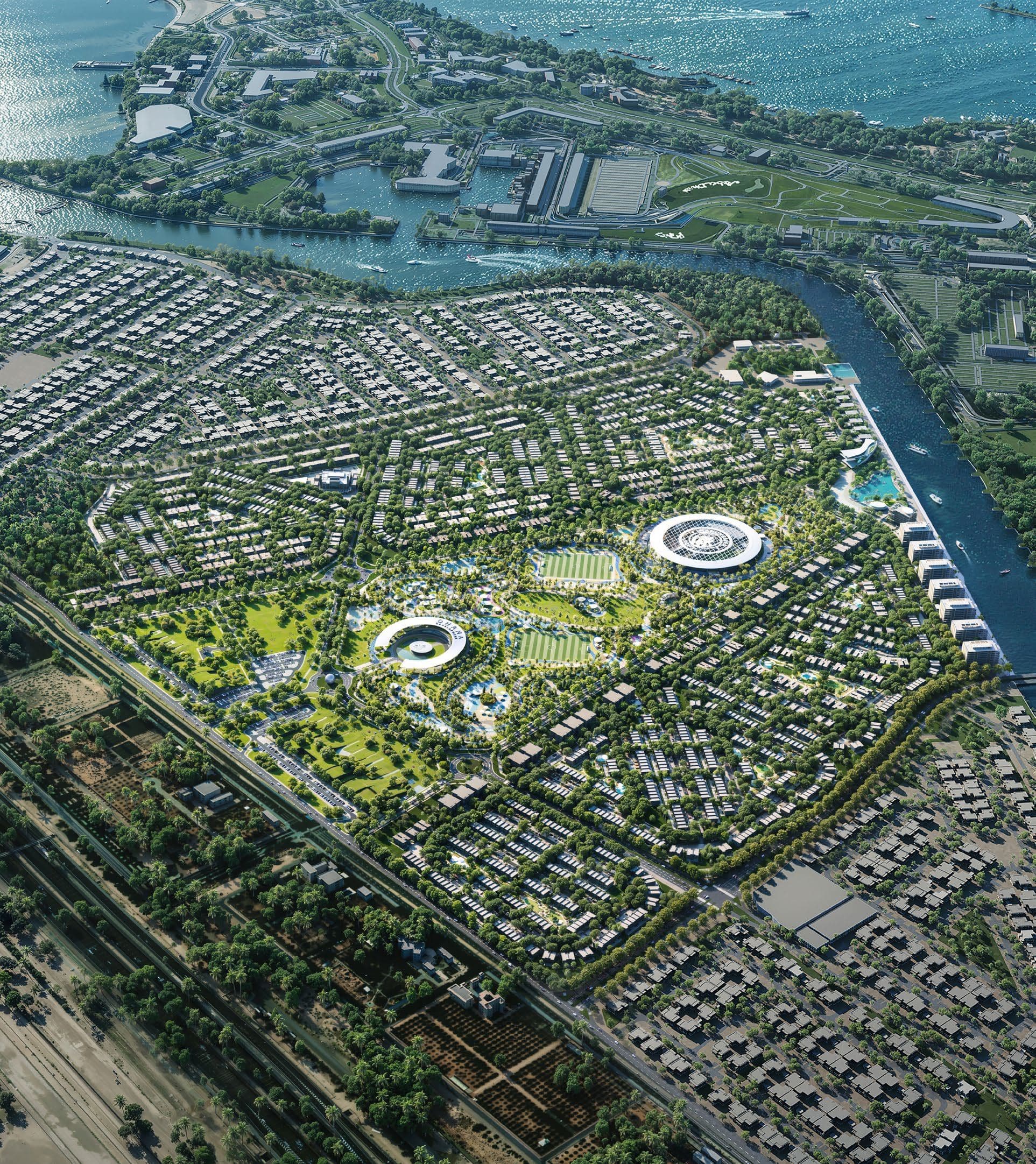 Aerial view of the Manchester City Yas Residences masterplan on Yas Canal
