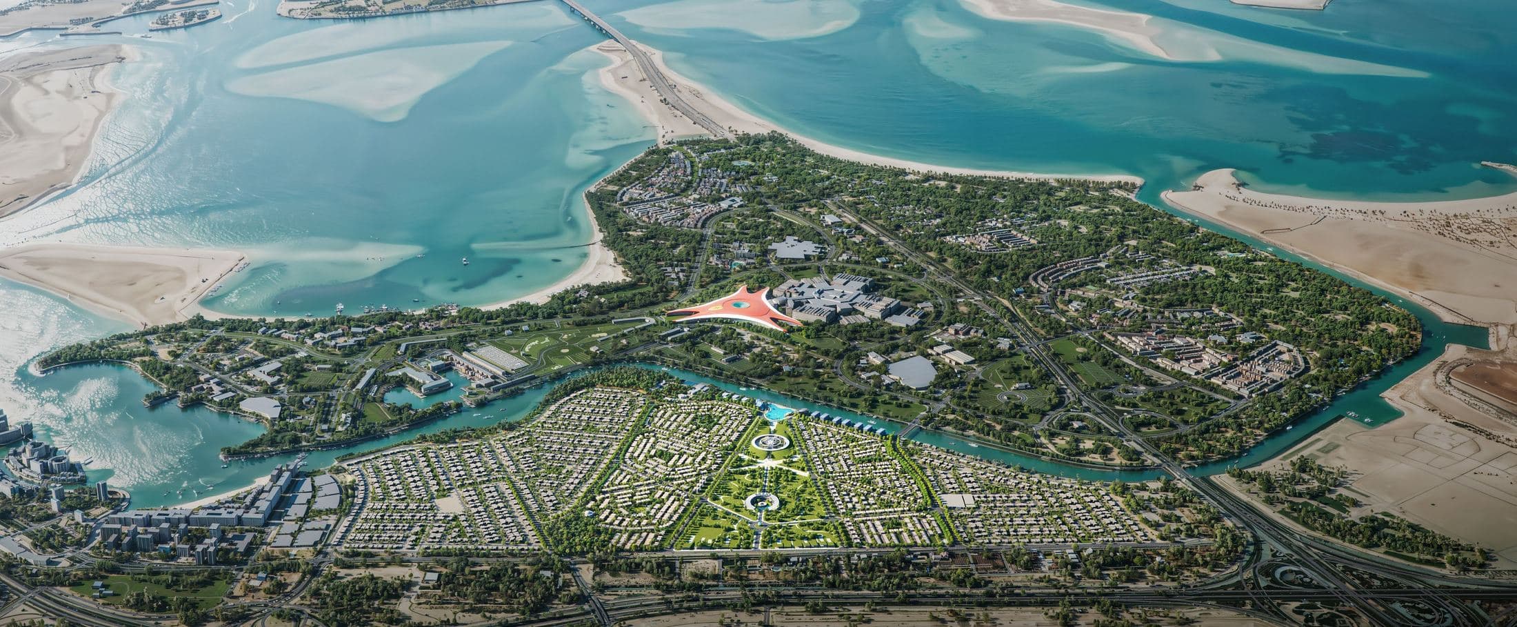 Aerial view of Yas Island showing the Manchester City Yas Residences masterplan